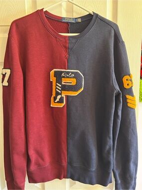Ralph Lauren Split Crewneck Sweatshirt — Burgundy & Navy with Varsity P Patch